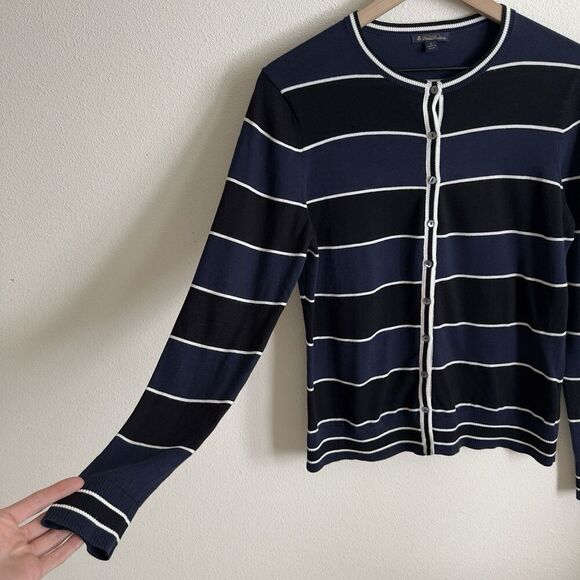 Brooks Brothers Sweater Womens Large Navy Striped Button Up Cotton Preppy Office - Picture 4 of 13